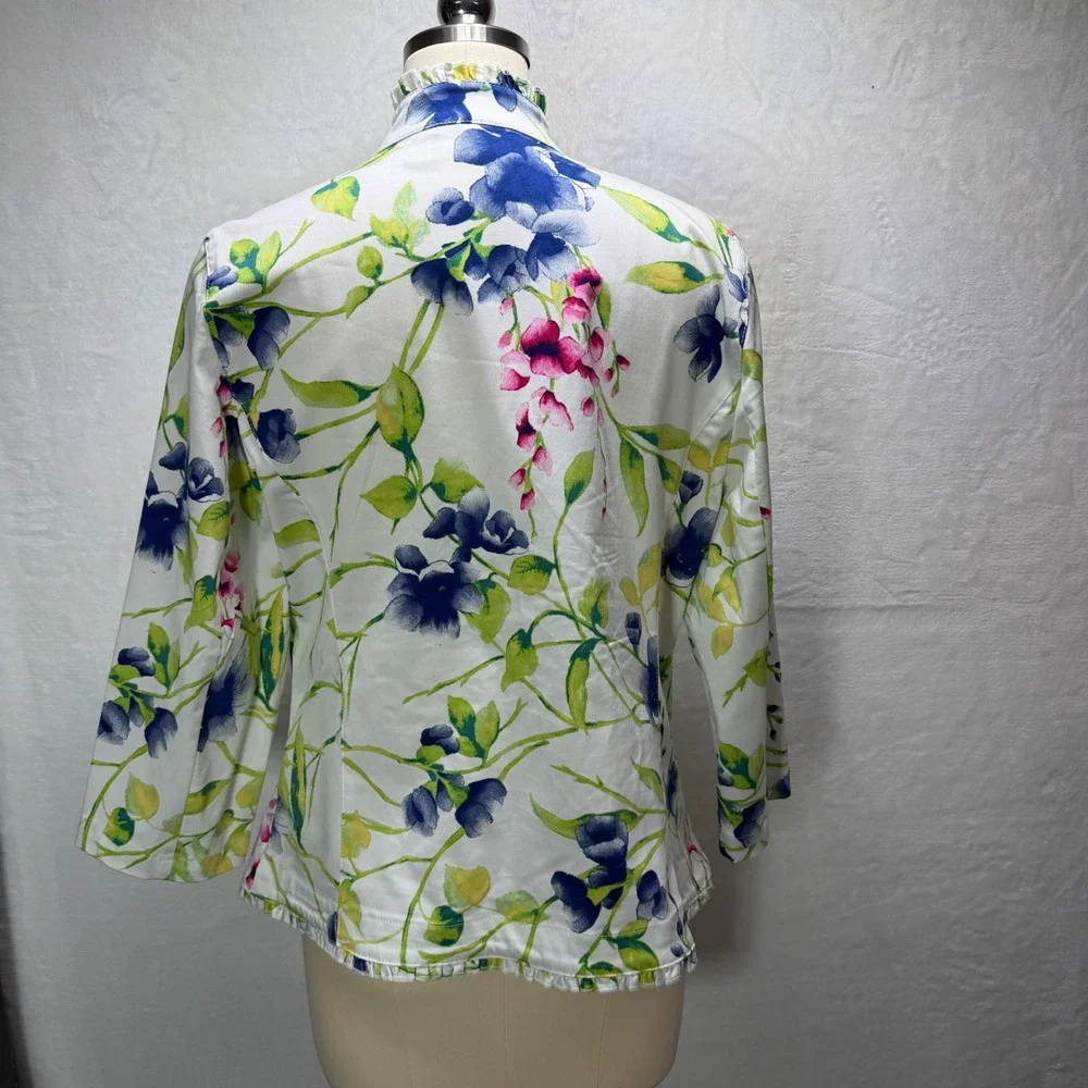 Chicos Size‎ 1 M Floral Ruffle Trim Open Front Jacket White Blue Pink Green